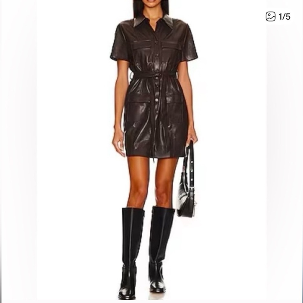 House Of Harlow 1960 Black Faux Leather Belted Shirt Dress Size M